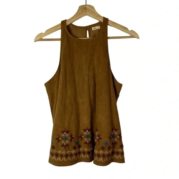 Hollister Light Brown Suede Embroidered High Neck Tank Top S - Picture 1 of 5